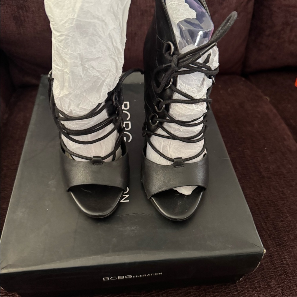 BCBGeneration Black Lace-Up Open-Toe Heels